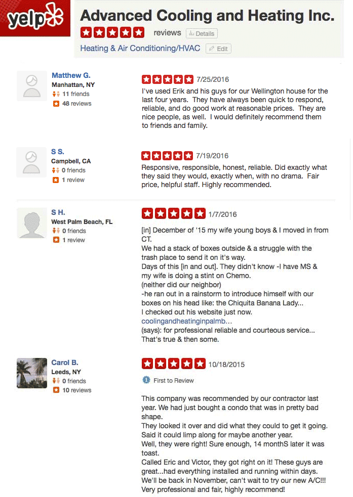 Yelp Reviews Advanced Cooling and Heating Inc.